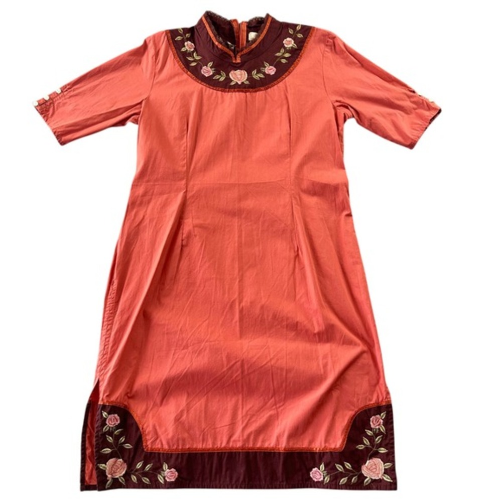 Vintage Somerset Bay Floral Embroidered High Neck Dress Coral Prarie Cottagecore